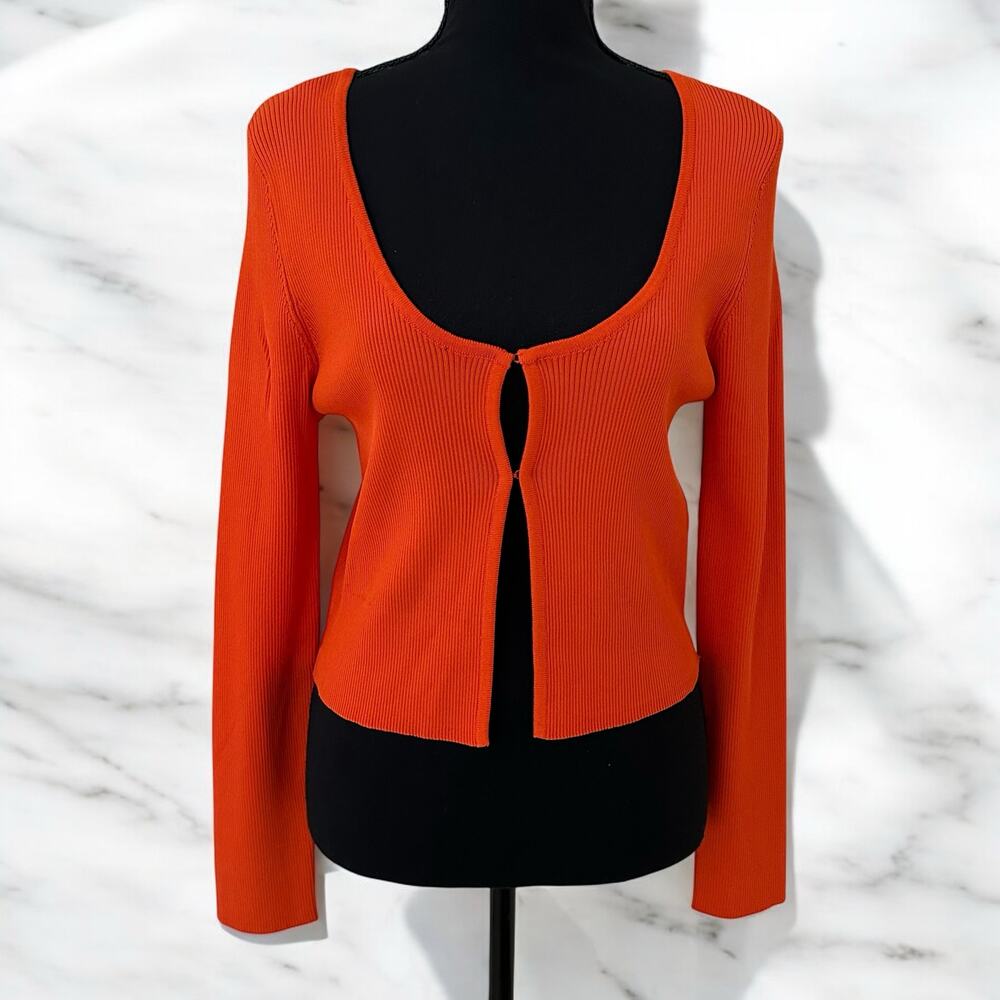 Zara Women Orange Long Sleeve Ribbed Crop Lightweight Cardigan Size XL